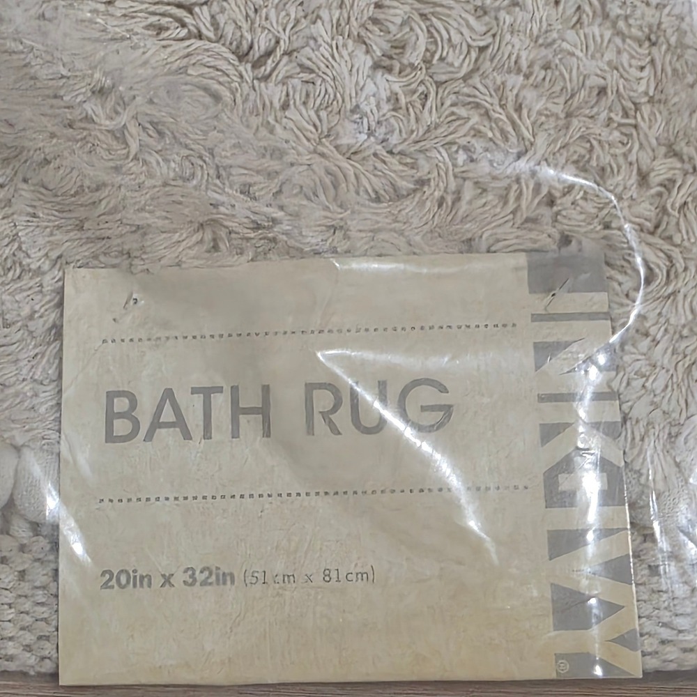 Ink+Ivy Bath Rug 20x32 Beige Taupe Boho Geometric Textured Pom Pom New - Picture 2 of 3